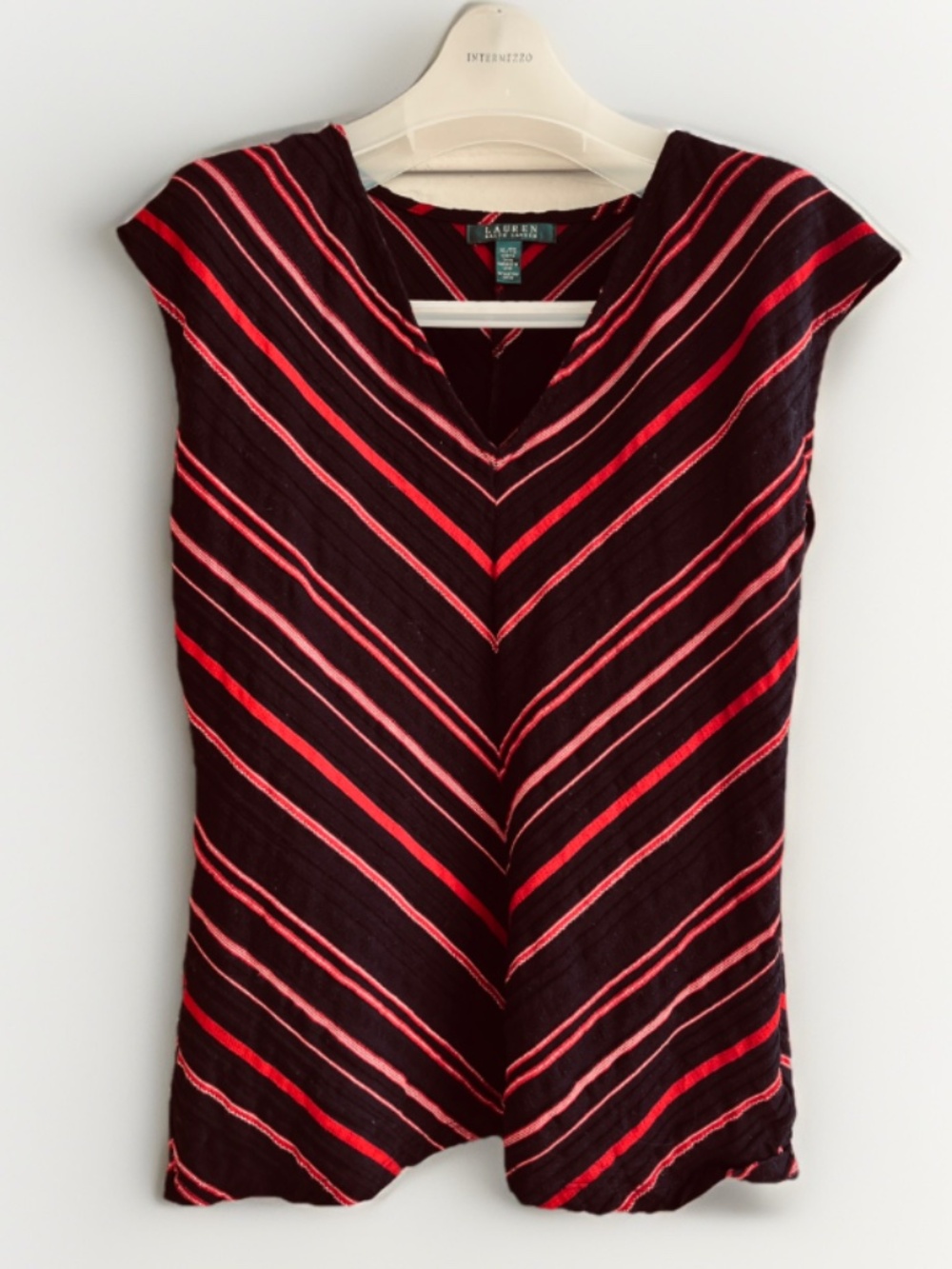 Lauren Ralph Lauren Red Black Chevron Stripe Cap Sleeve V-Neck Top XL Textured